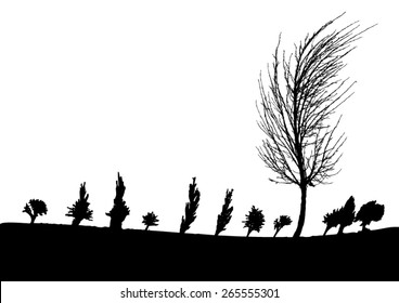 Windy weather - silhouettes of tree with trees afar - landscape - bare branches - black silhouette with black space - on white background - isolated vector