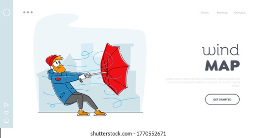 Windy Weather, Strong Blowing Wind Landing Page Template. Man In Warm Clothes Holding Broken Umbrella Protecting From Hurricane. Male Character Fighting With Thunderstorm. Linear Vector Illustration