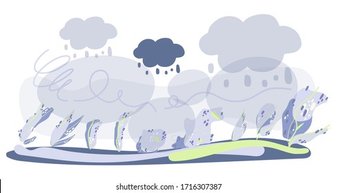 Windy weather. Trees and bushes fluttering in the wind under thunderclouds. Vector illustration