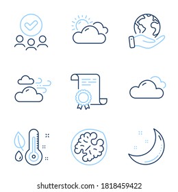 Windy weather, Walnut and Cloudy weather line icons set. Diploma certificate, save planet, group of people. Moon stars, Thermometer signs. Cloud wind, Vegetarian food, Sky climate. Night. Vector