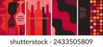 Wine abstract minimal flat design. Glass of red and white sparkling wine, champagne. Wine bottles. Restaurant menu, invitation for an event, festival, party. Wine tasting concept in red, pink, orange