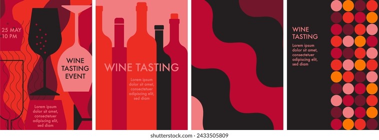 Vino abstracto diseño plano mínimo. Vaso de vino espumoso rojo y blanco, champán. Botellas de vino. Menú de restaurante, invitación para un evento, festival, fiesta. Concepto de cata de vinos en rojo, rosa, naranja