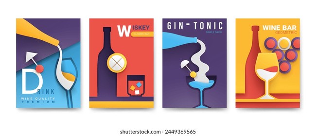 Abstraktes Weinposter. Muster Design Alkoholgetränke, Getränkeflieger, geschnittene Papierkunst, 3D Bauhaus-Stil, kreativer geometrischer Kartenrahmen, Retro-Business-Dekoration, Whiskey und Gin-Vektorgrafik greller Hintergrund