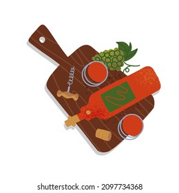 Wine abstract still life concept. top view Template for a drink card. Flat vector illustrations related to wine, wine bottle and corcscrew. Can be use for restaurants menu, cover, packaging.