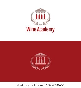 Wine Academy Logo and Icon. Vector Illustration. Playful logo featuring 
a combination of four wine or other liquor bottles and an image of an academic institution. 