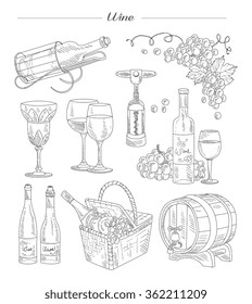 Wine and Accessories, Handdrawn Vector Collection set