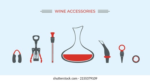 Wine accessories range shape guide set, silhouettes flat vector illustration. Isolated. Measuring temperature wine , uncorking, oxygenating, correctly pouring wine. Sommelier. Corkscrew. Decanter.
