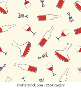 
Wine accessories seamless pattern. Wineglass. Wine bottle. Glassware. Corkscrew. Decanter. Sommelier. Winery. Winemaking. Silhouettes flat vector illustration. Isolated. Drinking alcohol. 