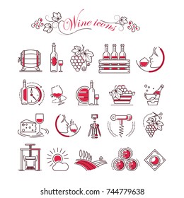 Vino accesorio vinagre iconos vectoriales de vidrio abridor de casquillo y barril de producción