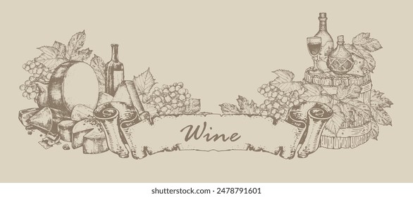Wine advertising in retro style. Highly detailed hand drawing.