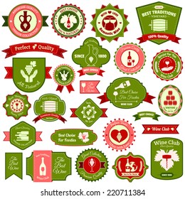 Wine alcohol drink label emblems and ribbons flat colored set of isolated vector illustration