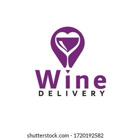 Wine, alcoholic drinks delivery service logotype design concept. Map  tag, heart and wine glass elements. Editable EPS vector