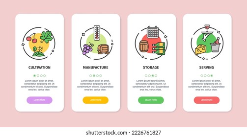 Wine App Screens Cards Set Include of Cultivation, Manufacture, Serving and Storage. Vector illustration of Card