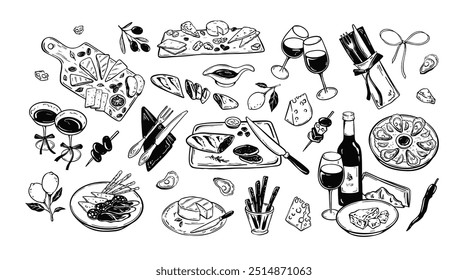 Wine and appetisers crayon minimalist drawings. La dolce vita illustration style. Spanish tapas, cheese charcuterie plate, oysters. Mediterranean restaurant menu background. Slow living concept