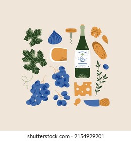 Wine and appetizers collection. Grape with leaves and cheese. Vector illustration