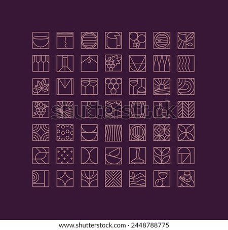 Wine art deco icons drawing in flat line style drawing on violet background.
