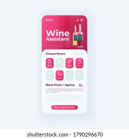 Wine assistant smartphone interface vector template. Mobile app page light theme design layout. Flat UI for application. Alcohol taste and flavors recommendations screen. Phone display