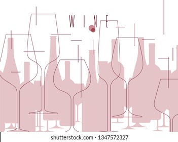 Wine. Background with bottles and wine glasses. Design element in modern style for tasting, menu, wine list, restaurant, winery, shop.