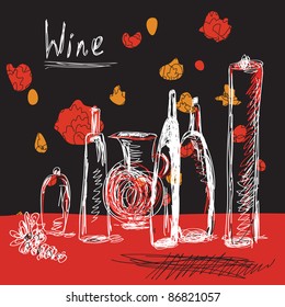 Wine background with bottles hand drawn