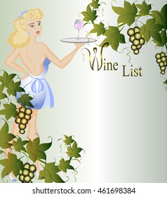 Wine background with a bunch of grapes and waitress. EPS10 vector illustration