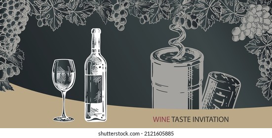 Fondo de vino.  Gráfico lineal. Esbozo dibujado a mano con vino, vaso de vino, botella y uva. Plantilla de diseño de fondo . Ilustración grabada por vectores