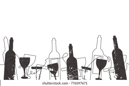 Wine Background. Pattern with Bottles, Glasses. Vector illustration.