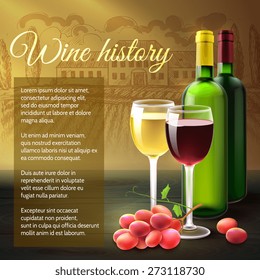 Wine background with realistic bottles glasses and grape branch vector illustration