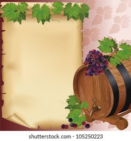 Wine background with realistic grape, barrel and old paper- place for text, vector illustration