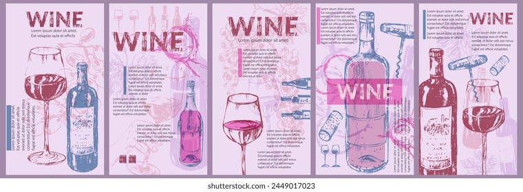 Wine background set. Bright party invitation, flyer, menu list, winery, tasting design. Wine bottles, glass, grapes, wine stains, cork, corkscrew.