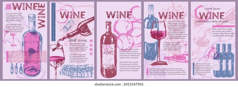 Wine background set. Bright party invitation, flyer, menu list, winery, tasting design. Wine bottles, glass, grapes, wine stains, cork, corkscrew.