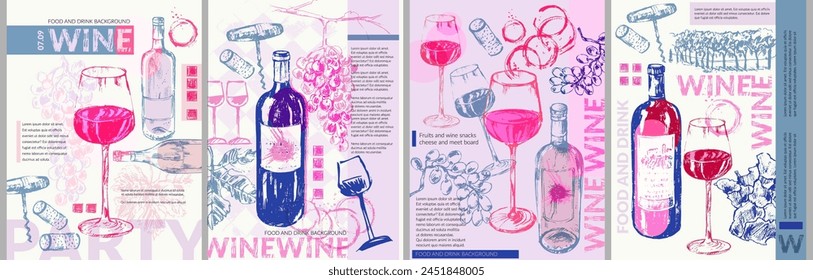 Wine background set. Bright party invitation, flyer, menu list, winery, tasting design. Wine bottles, glass, grapes, wine stains, cork, corkscrew.