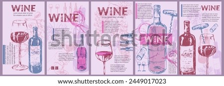 Wine background set. Bright party invitation, flyer, menu list, winery, tasting design. Wine bottles, glass, grapes, wine stains, cork, corkscrew.