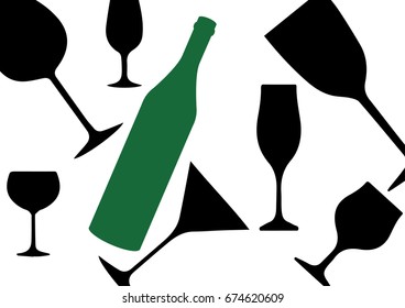 Wine background vector.Bottle of alcohol illustration.Design for wine.Glasses to alcohol.Alcohol vector background.Template for drink card. 