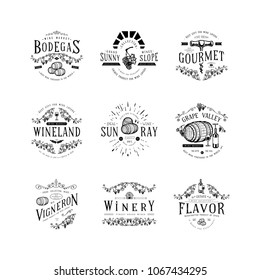 Wine badge. Craft retro vintage design template logo label emblem for wine production poster banner winery. Drawn sketch barrel glass bottle corkscrew graphic vine vector illustration.