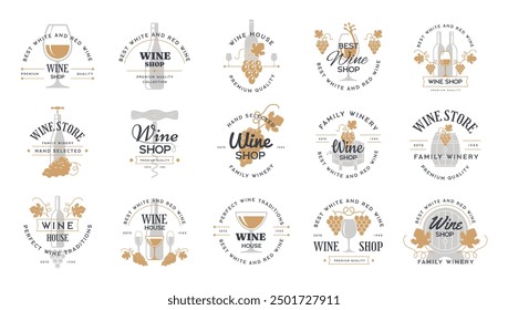 Wine badges. Identity collections of wine market logos with grapes and alcohol bottles recent templates set