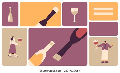 Wine banner. Drink people on bento grid box background. Tasting event on modular mosaic grid. Party with alcohol drinks. Women and men with wineglasses and bottles visit vineyard. Vector illustration.