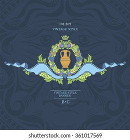 Wine banner on blue background. Round frame from fruit and grapes with jug in the center