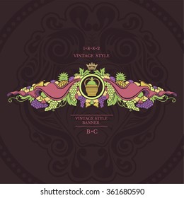 Wine banner on violet background. Round frame with jug and ribbons with fruit