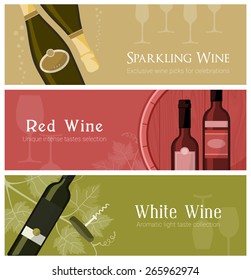 Wine banner set with wine glasses, bottles and barrel, including white, red and sparkling wine