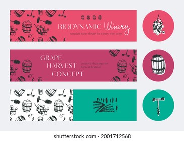 Wine banner set. Vector winemaking icons. Winery label template. Viticulture flyer. Monochrome hand-drawn illustration. Corkscrew, wine barrel, grape, stopper. Wine tasting logo. Wine pattern seamless