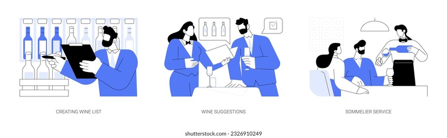 Wine bar abstract concept vector illustration set. Creating wine list, restaurant sommelier suggestions, alcohol bottles and glasses, clients service, vintage beverage abstract metaphor.