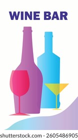 Wine bar banner, alcohol collection, nice summer shades. Vector drawing silhouettes of wine bottle, glasses, sherry, white wine