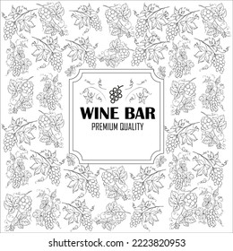 Pancarta de la barra de vinos con uvas y dibujos de hojas. 