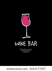Wine bar card, print or poster. Bar or restaurant signboard. Single glass on the black. Hand drawn vector design. 