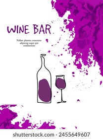 Tarjeta de la barra de vino, impresión o póster. Cartel de bar o restaurante. Botella de vino y vaso en el fondo de vino tinto grunge. Diseño de Vector dibujado a mano. 