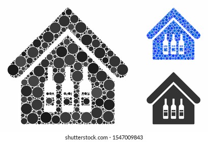 Wine bar composition of round dots in different sizes and color tones, based on wine bar icon. Vector round dots are united into blue collage. Dotted wine bar icon in usual and blue versions.