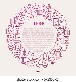 Wine bar concept in circle for restaurant menu of natural alcohol drinks. Vector illustration with thin line icons related with wine making and winery.