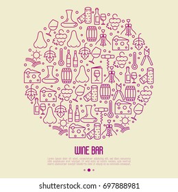 Wine bar concept in circle for restaurant menu of natural alcohol drinks. Vector illustration with thin line icons related with wine making and winery.