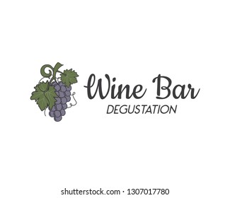 Wine bar degustation logo template. Wine grape with calligraphic sign in retro monochrome style. Stock vector winery emblem isolated on white background