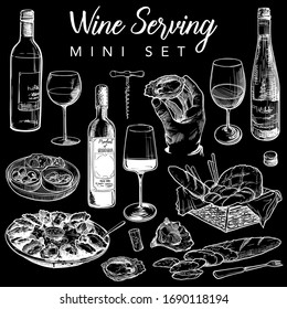 Wine bar or gastro pub useful elements set. Hand drawn sketch style objects isolated on black background. EPS10 vector illustration